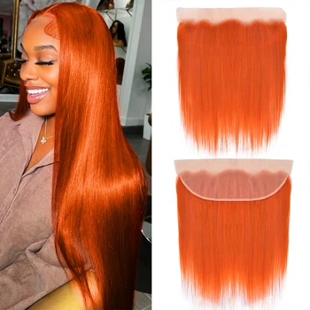 13x4 Кружевная фронтальная застежка 350 # из бразильских человеческих волос оранжевого имбирного цвета, предварительно выщипанных из прозрачного швейцарского кружева высокого качества