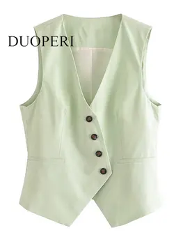 DUOPERI, женская мода, светло-зеленый Однобортный жилет, винтажный жилет без рукавов с V-образным вырезом, Шикарные женские топы на бретелях