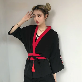 Костюм для Косплея в японском стиле Харадзюку, Женское Кимоно, рубашка с вышивкой Лисы, Повседневный Свободный Топ, Рубашка-кимоно