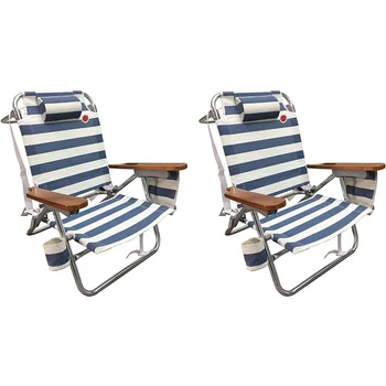 Пляжный стул из полиэстера, дерева, алюминия, стали с 5 позициями в упаковке из 2 предметов - Синий/Белый Стип, 26,80x26,40x31,50 дюймов