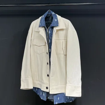 Вельветовая рубашка с индивидуальным нишевым дизайном, Куртки, Поддельные 2 предмета, Высококачественное Джинсовое Лоскутное пальто 2024, Стильное Осеннее пальто 21F1248