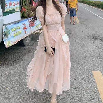 Модное шифоновое платье миди с оборками, Женское Летнее Розовое Милое платье феи, украшенное жемчугом, Корейская версия Студенческого курортного наряда
