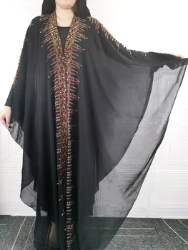 Мусульманское черное платье Абайя, Шифоновые Абайи для женщин, Дубайская одежда 2021, Африканские модные платья, украшенные Хиджабом, Женский халат