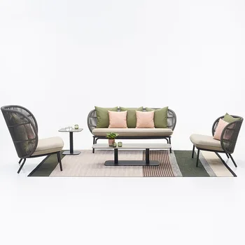 Открытый Ротанговый диван Мебель для Виллы Мягкая Веревка Ротанговый диван Комбинация журнальных столиков