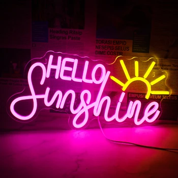 Неоновая вывеска Hello Sunshine Настенный декор Светодиодная светящаяся вывеска с питанием от USB для спальни, офиса, домашнего бара, фона для вечеринок, неоновых вывесок
