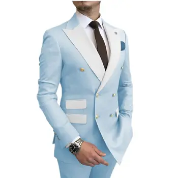 Новый мужской костюм Королевского синего цвета, тонкий двубортный Белый с лацканами, модный жених, Лучший мужчина для свадебной вечеринки (блейзер + брюки) Одежда для Жениха