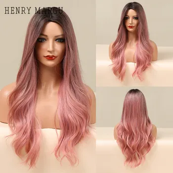 ГЕНРИ МАРГУ, светло-розовые Парики для Косплея, Длинный Волнистый синтетический парик Средней части, термостойкие вечерние разноцветные накладные волосы для женщин