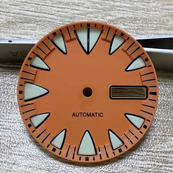 Детали для часов 28,7 мм, оранжевый/красный циферблат, светящиеся метки, отображение даты, недели, Циферблат для часов с автоматическим механизмом NH36
