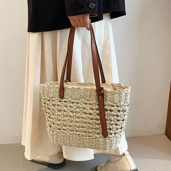 Новая модная сумка из соломенной ткани для женщин, Летние женские сумки, сумка через плечо, простые сумки для покупок, Повседневная пляжная сумка для отдыха