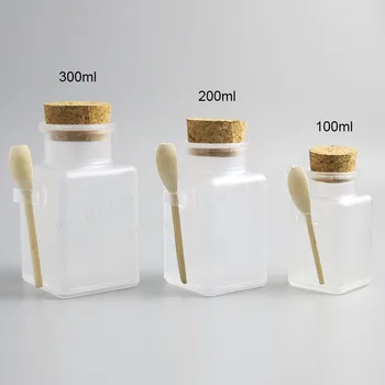 100 x Пустая квадратная бутылка соли для ванны 100 г 200 г 300 г 200 мл пластиковая бутылка порошка с пробкой банка соли для ванны с деревянной ложкой