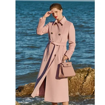 2023 Осень-зима, Новое женское высококачественное Водолазное поло с розовым темпераментом и длинными рукавами, облегающее Двубортное шерстяное пальто