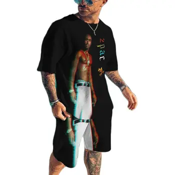 Комплект шорт с 3D принтом, футболка с Тупаком Амару Шакуром, Мужская Спортивная одежда, Летний Мужской комплект в стиле Харадзюку в стиле хип-хоп