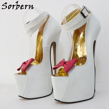 Sorbern/ Белые женские туфли из натуральной кожи На высоком Каблуке 24 см, Двойные ремешки на щиколотках с бантиками, Невидимая Фетиш-обувь на платформе с открытым носком