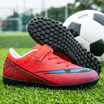 Уличная Детская Футбольная Спортивная обувь Red HOOK & LOOP, Нескользящие Футбольные Кроссовки для мальчиков и Девочек, Легкая Детская Футбольная Тренировочная обувь