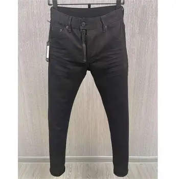 Мужские Модные брюки из черной джинсовой ткани в стиле Хай-стрит в стиле панк, облегающие повседневные джинсы 9889#