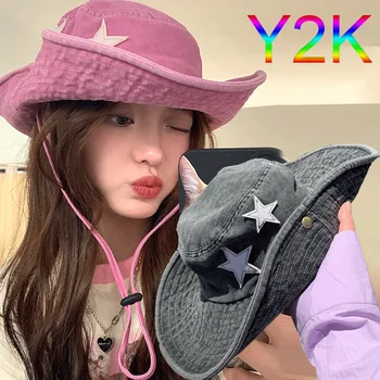 Y2K Punk Pink Star Ковбойские кепки в стиле Дикого Вестерна, Унисекс, Модные джинсовые шляпы в стиле Ретро, Регулируемая панама для женщин