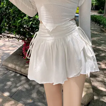 Белая юбка трапециевидной формы, женская плиссированная юбка с завышенной талией и нерегулярным шнурком, корейская версия, летний девчачий стиль, универсальные короткие юбки