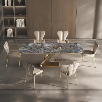 Роскошные Кухонные столы, Шесть стульев в синем дизайне, Каркас стола, Гранитная Мраморная панель, Столешница, Мебель для дома, Белые наборы для столовой