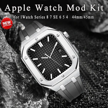 Комплект Модификаций для Apple Watch Band 8 7 45 мм Mod Корпус Из нержавеющей Стали Резиновый ремешок Металлический Безель для IWacth Series 6 SE 5 4 44 мм