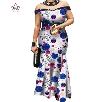 Летние Африканские платья с открытыми плечами для женщин, Длинное платье с разрезом от Bazin Riche, Хлопковое Сексуальное платье с восковым принтом для вечеринки, WY7831