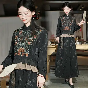 2023 китайская традиционная блузка, женские топы hanfu, национальная цветочная вышивка, улучшенная кружевная лоскутная блузка, восточный костюм тан