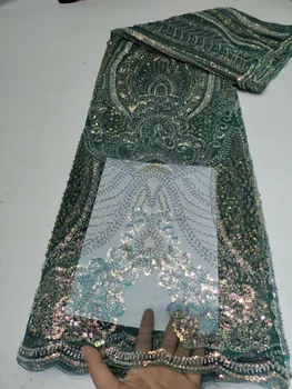 Зеленая Нигерийская Тяжелая Кружевная ткань с бисером Роскошная Дубайская Кружевная ткань с вышивкой Тюлем для вечернего платья Свадебные ткани