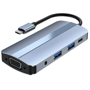 AU42 - 8 в 1 Концентратор USB Type C, совместимый с TYPE-C по HDMI + USB 3.0 + USB 2.0 + Док-станция PD 87W + AV + VGA для ПК, THD08