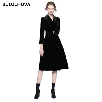 BULOCHOVA, Женская Черная Бархатная Длинная куртка Большого Размера, пальто, Новое Зимнее женское пальто с Отворотом, Толстая теплая ветровка с поясом, одежда