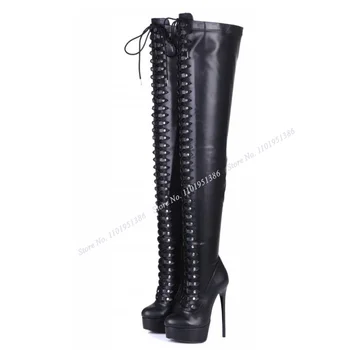 Abesire/ Черные Ботинки на платформе со шнуровкой Выше колена, женские туфли на шпильке с перекрестной Шнуровкой и круглым носком, Zapatillas Mujer