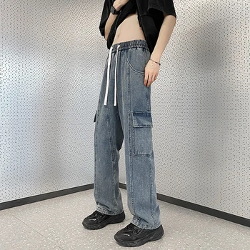 Мужские джинсы, Свободные прямые джинсовые брюки, мужская уличная одежда в стиле хип-хоп, нейтральные джинсовые брюки с эластичной резинкой на талии, Джинсы-карго 5XL-M