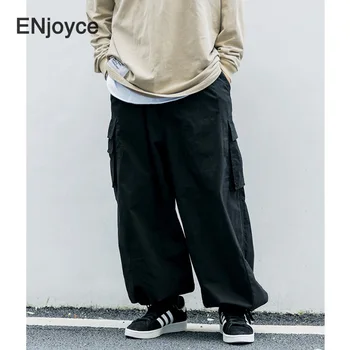 Мужские Винтажные Свободные брюки цвета Хаки с карманами, Повседневная уличная одежда в Японском стиле, Широкие Брюки-карго в стиле панк-хип-хоп, Комбинезон