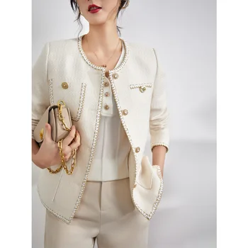 В 2023 году новая женская твидовая куртка с небольшим ароматом, весенне-осенняя женская белая куртка французского темперамента, Женская