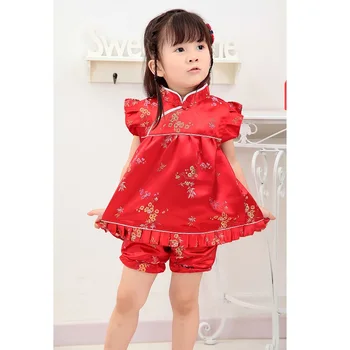 Подарок на день рождения, красная одежда для маленьких девочек, костюмы, футболки, комплект с короткими штанами, набор ципао для детей, китайские чонсамы