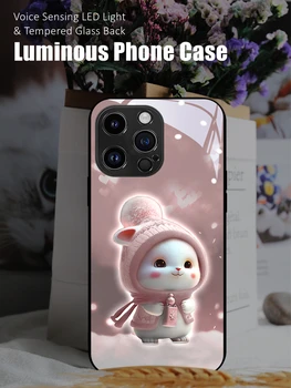 Kawaii Bunny LED Light Светящийся Чехол Для Телефона из Закаленного Стекла для Xiaomi 11 12 13 Mix 4 Redmi K50 K60 Pro Lite Ultra