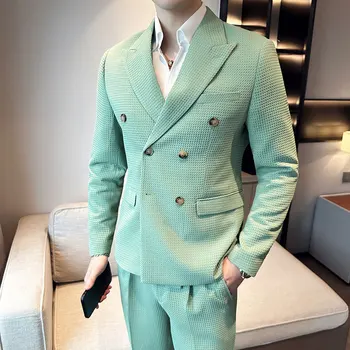 мужской Модный приталенный костюм, мужской Повседневный Бутик, Двубортный однотонный деловой костюм, куртка, брюки, Комплект из 2 предметов, Блейзеры + брюки