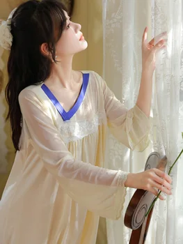 Женская кружевная пижама Kawaii с длинным рукавом, одежда для сна, хлопок, весна-лето, древний китайский стиль, Свободная ночная рубашка, ночная рубашка