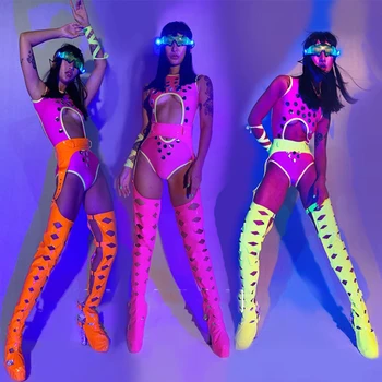 Сексуальное флуоресцентное полое боди Сценический костюм Женская одежда для певиц из ночного клуба, ди-джеев, фестивалей, рейвов, леди, костюмы Трансвеститов DN5573