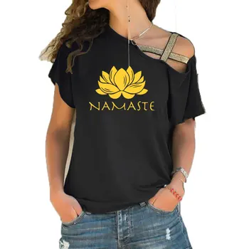 Модная женская одежда, футболка с принтом Namaste, женский топ с коротким рукавом, женские топы, одежда, нерегулярная футболка с косой повязкой