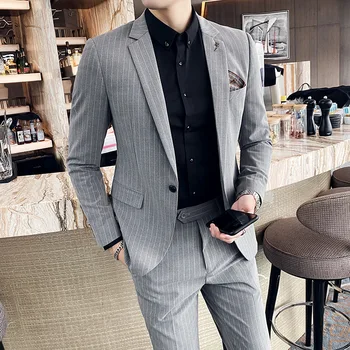 (Костюм + брюки) мужской модный бутик, деловой полосатый приталенный костюм из 2 предметов, свадебный смокинг жениха, пиджак, костюм для выпускного вечера