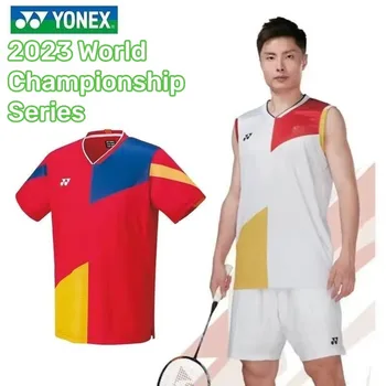 YY Одежда для чемпионата мира по бадминтону, дышащий, быстросохнущий костюм с V-образным вырезом, с коротким рукавом или без рукавов