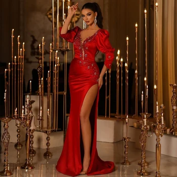 Тонкие Сексуальные красные платья для выпускного вечера с рукавом 3/4, вечернее платье Русалки, расшитое бисером, Длина до пола, Платья для коктейлей с высоким разрезом, большие размеры