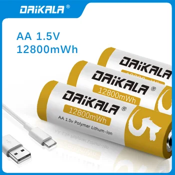 DAIKALA 1,5 В Полимерный AA 18650 Высокой Емкости 12800 МВтч USB Перезаряжаемый литий-ионный Аккумулятор Зарядное Устройство С Кабелем Type-c Для Инструментов