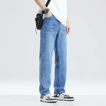 DELIY Four Seasons, Свободные прямые джинсы-стрейч для мужских брюк, Свободные повседневные брюки полной длины, джинсовые светло-голубые брюки