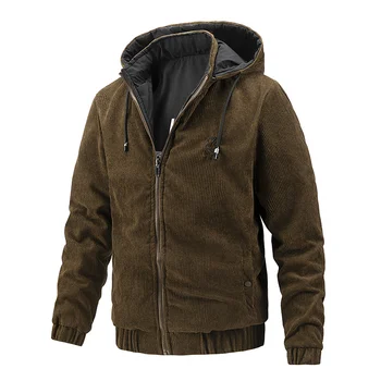 Зимне-осенняя мужская куртка Уличная Вельветовая хлопковая Повседневная однотонная мужская спортивная верхняя одежда с капюшоном, тонкие куртки на молнии, пальто