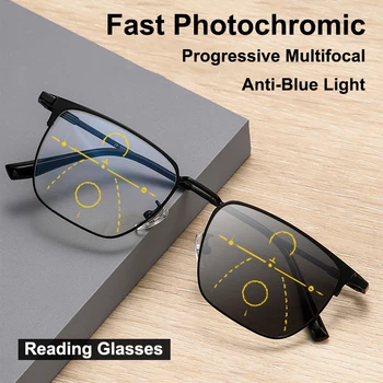 Фотохромные очки для чтения двойного назначения ближнего и дальнего действия с умным зумом, Прогрессивные Мультифокальные очки для Дальнозоркости в модной квадратной Оправе