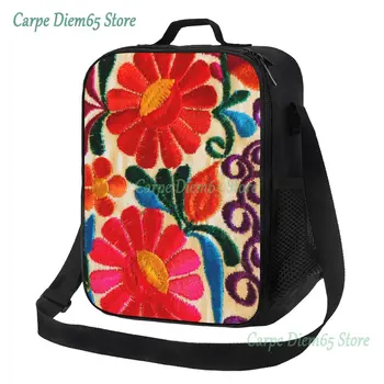 Мексиканские цветы, художественная вышивка, изолированные пакеты для ланча для кемпинга, путешествий, Текстильный Цветочный Народный Сменный холодильник, термос для ланча
