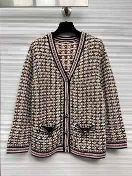 Дизайнерский жакет-кардиган в стиле ретро с цветочным V-образным вырезом, женская новая осенняя модная роскошная куртка со свободным прямым свитером