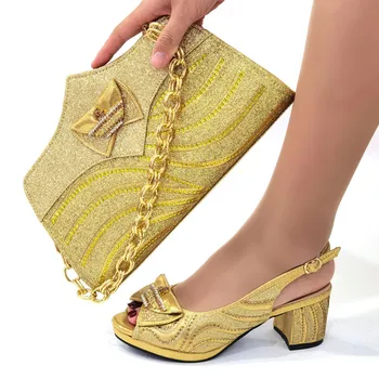 Босоножки 2023, Нигерия, Новый итальянский дизайн, женские туфли на тонком высоком каблуке с острым носком золотистого цвета и вечерние свадебные сумки