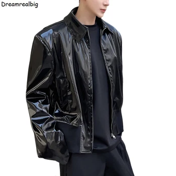 Мужская куртка из лакированной искусственной кожи с ребристым низом, Отложной воротник 2022, Весна-Осень, Мужское Свободное Пальто из искусственной кожи на молнии, черный